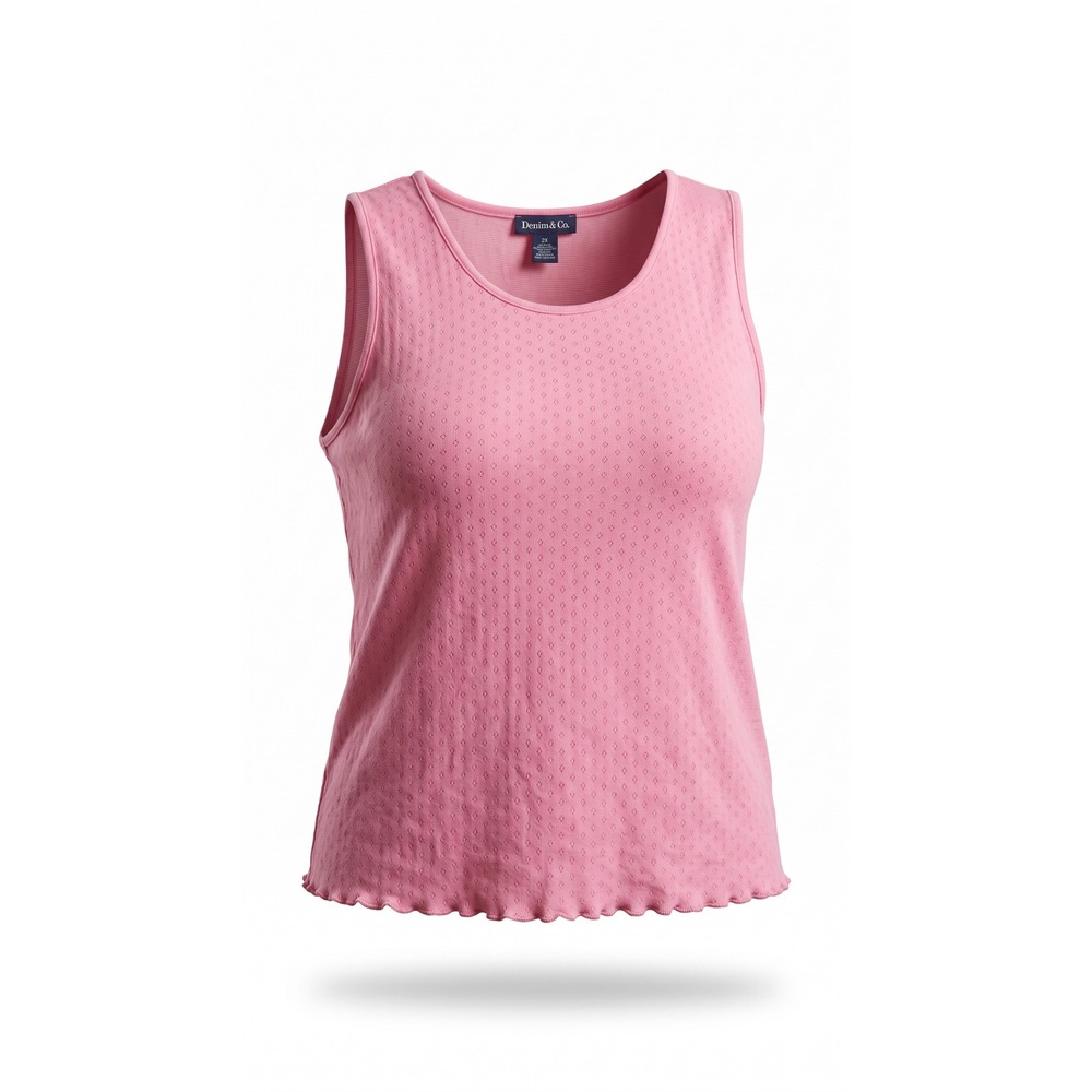Denim & Co Pink Pointelle Knit Tank Top Lettuce Hem Scoop Neck 2X A70044